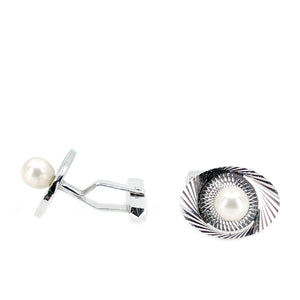 Mid-Century Modern Japanese Cultured Akoya Pearl Round Radial Cufflinks- Sterling Silver