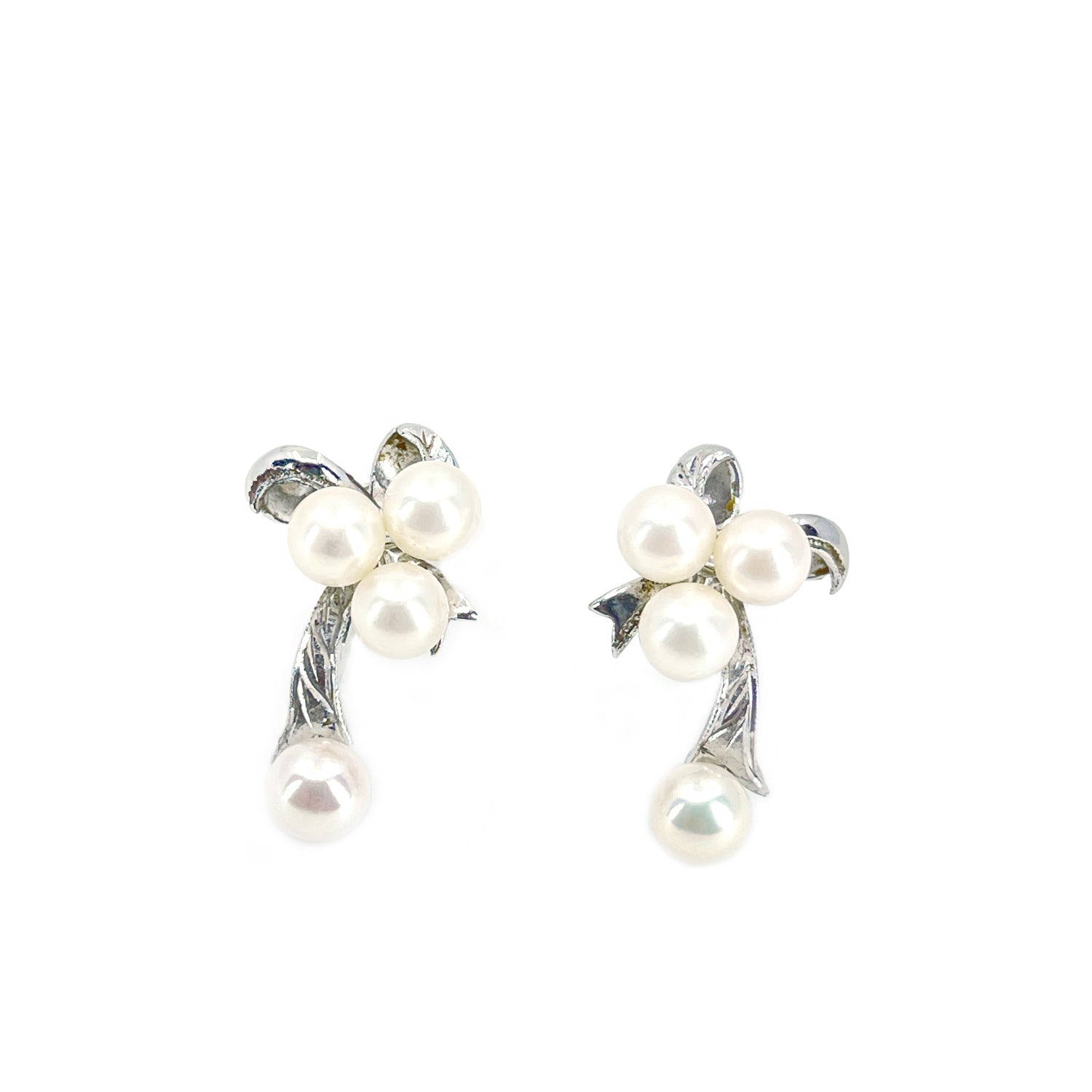 Ribbon Dangle Akoya Saltwater Cultured Pearl Screwback Earrings- Sterling Silver