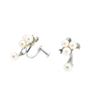 Ribbon Dangle Akoya Saltwater Cultured Pearl Screwback Earrings- Sterling Silver
