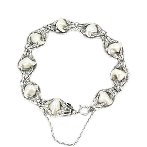 Art Nouveau River Blister Pearl Engraved Leaf Link Antique Bracelet- Sterling Silver