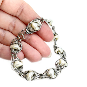 Art Nouveau River Blister Pearl Engraved Leaf Link Antique Bracelet- Sterling Silver