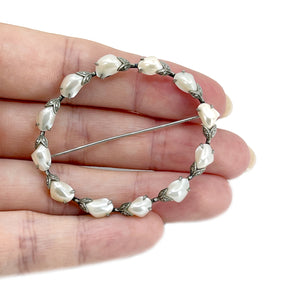 Arts & Crafts Freshwater River Pearl Vintage Cultured Pearl Circle Brooch- Sterling Silver