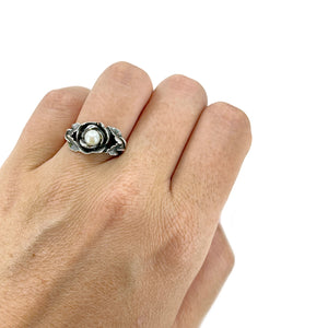 Rose Halo Vintage Japanese Saltwater Akoya Cultured Pearl Ring- Sterling Silver Sz 8 1/2