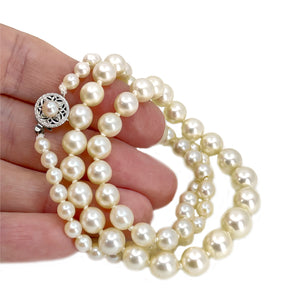 Vintage Filigree Graduated Japanese Saltwater Akoya Cultured Pearl Necklace- 14K White Gold 19 Inch