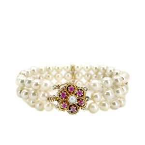 Three Strand Floral Vintage Akoya Saltwater Cultured Pearl Natural Ruby Bracelet- 14K Yellow Gold