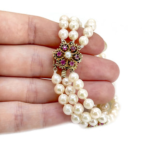 Three Strand Floral Vintage Akoya Saltwater Cultured Pearl Natural Ruby Bracelet- 14K Yellow Gold