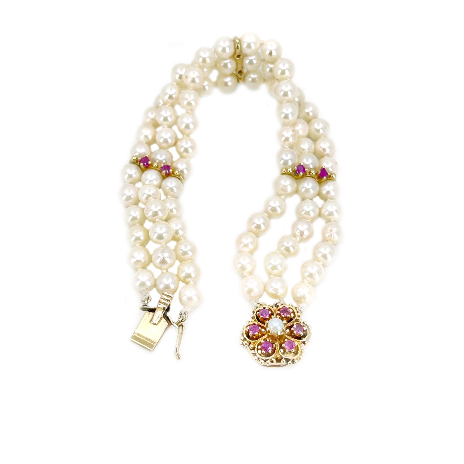 Three Strand Floral Vintage Akoya Saltwater Cultured Pearl Natural Ruby Bracelet- 14K Yellow Gold