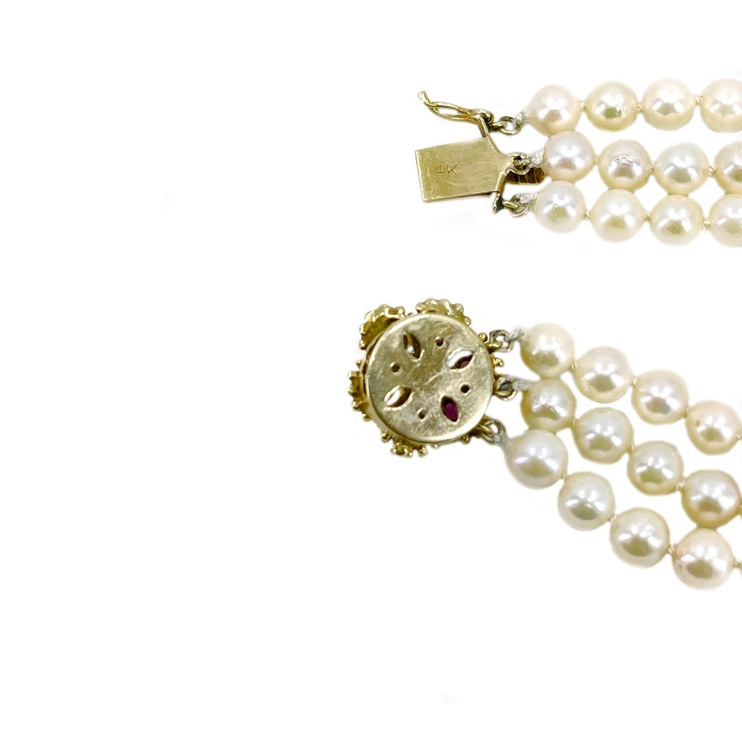 Three Strand Floral Vintage Akoya Saltwater Cultured Pearl Natural Ruby Bracelet- 14K Yellow Gold