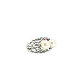 Abstract Double Pearl Japanese Saltwater Akoya Cultured Pearl Ring- Sterling Silver Sz 5 1/2
