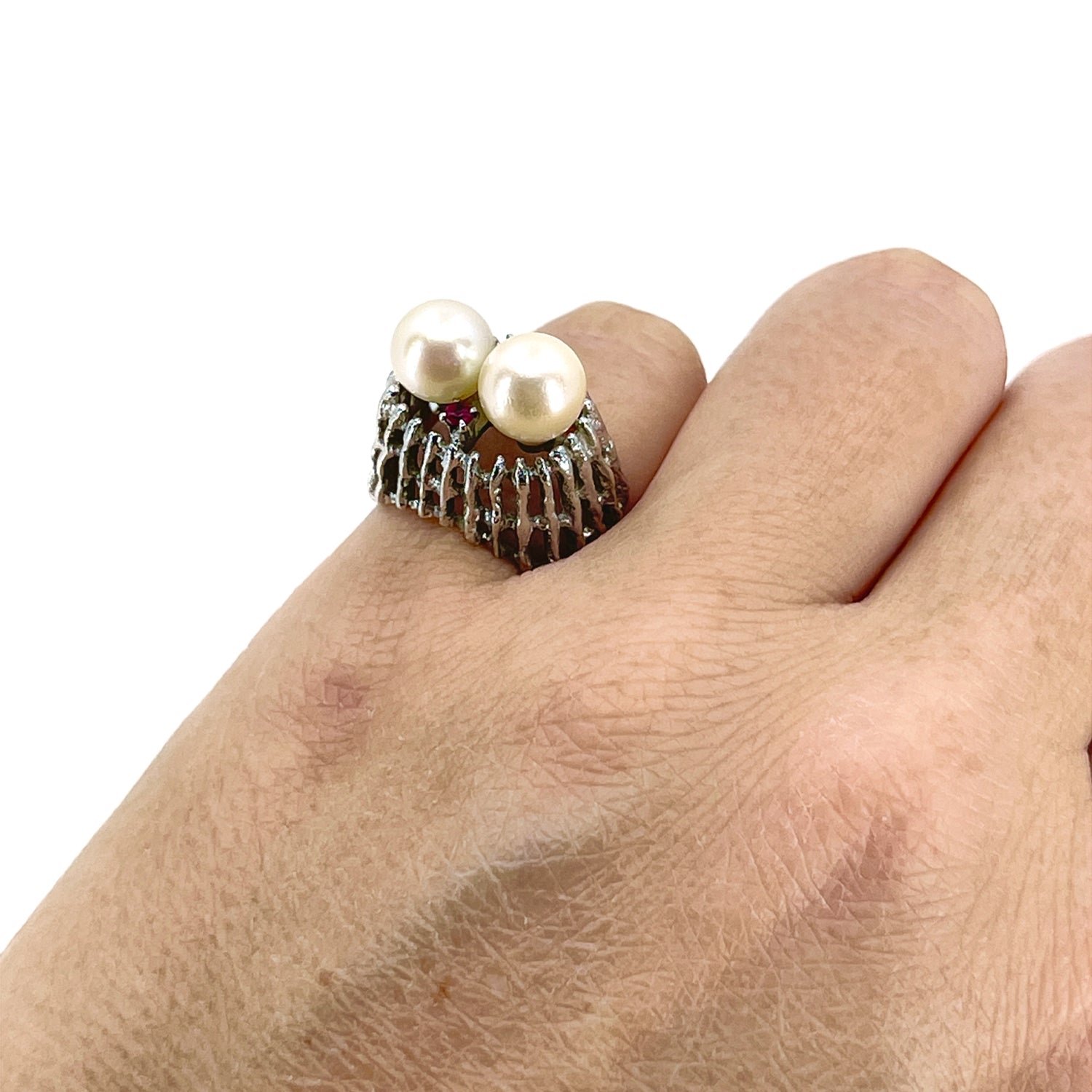 Abstract Double Pearl Japanese Saltwater Akoya Cultured Pearl Ring- Sterling Silver Sz 5 1/2