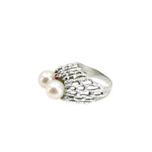 Abstract Double Pearl Japanese Saltwater Akoya Cultured Pearl Ring- Sterling Silver Sz 5 1/2