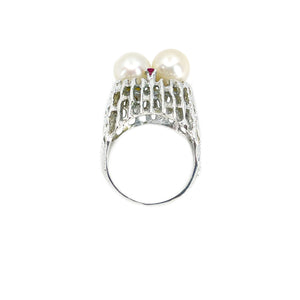 Abstract Double Pearl Japanese Saltwater Akoya Cultured Pearl Ring- Sterling Silver Sz 5 1/2