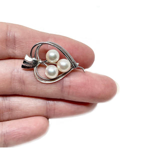 Petite Heart Japanese Saltwater Akoya Cultured Pearl Brooch- Sterling Silver