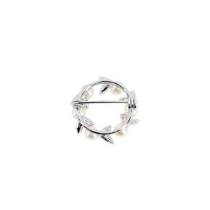 Petite Vintage Wreath Leaf Japanese Saltwater Akoya Pearl Brooch Pin- Sterling Silver