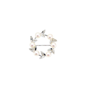 Petite Vintage Wreath Leaf Japanese Saltwater Akoya Pearl Brooch Pin- Sterling Silver