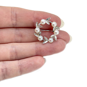 Petite Vintage Wreath Leaf Japanese Saltwater Akoya Pearl Brooch Pin- Sterling Silver