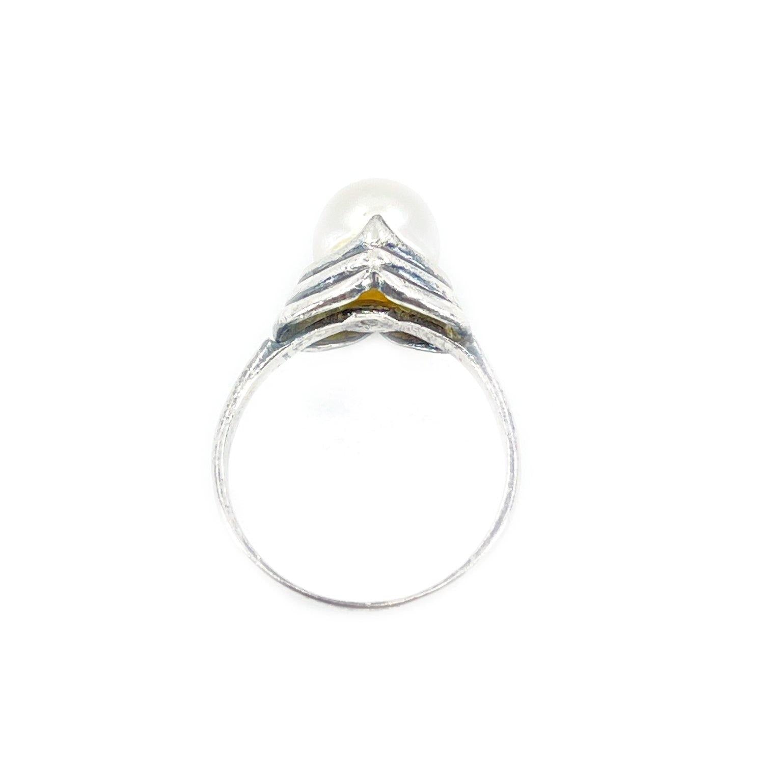 Art Deco Japanese Saltwater Akoya Cultured Pearl Ring- Sterling Silver Sz 5