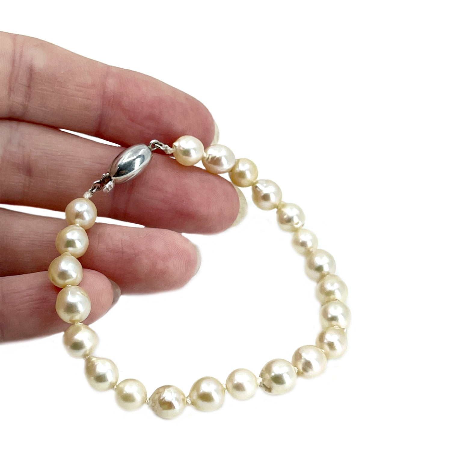 Modernist Baroque Japanese Vintage Saltwater Akoya Cultured Pearl Bracelet- Sterling Silver