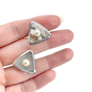 Sakata Designer Japanese Cultured Akoya Pearl Mother of Pearl Mid Century Cufflinks- Sterling Silver
