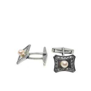 Sakata Designer Japanese Cultured Akoya Pearl Round Mid Century Cufflinks- Sterling Silver