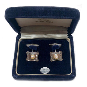 Sakata Designer Japanese Cultured Akoya Pearl Round Mid Century Cufflinks- Sterling Silver