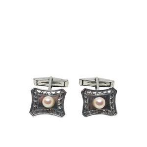 Sakata Designer Japanese Cultured Akoya Pearl Round Mid Century Cufflinks- Sterling Silver