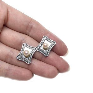 Sakata Designer Japanese Cultured Akoya Pearl Round Mid Century Cufflinks- Sterling Silver