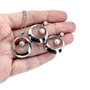Sakata Designer Akoya Saltwater Cultured Pearl Modernist Earrings Pendant Set- Sterling Silver 16 Inch