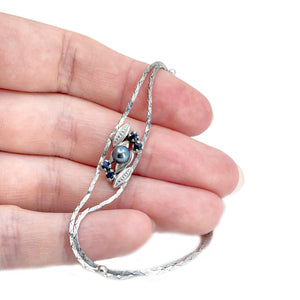 Blue Japanese Saltwater Akoya Cultured Pearl Sapphire Vintage Bracelet- 835 Coin Silver