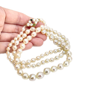 Ruby, Emerald & Sapphire Graduated Japanese Saltwater Cultured Akoya Pearl Strand - 14K Yellow Gold 29 Inch