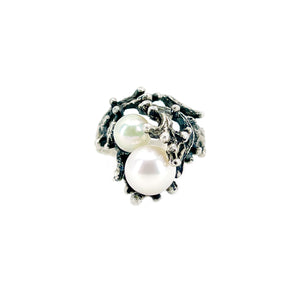 Retro Abstract Japanese Saltwater Akoya Cultured Pearl Seaweed Ring- Sterling Silver Sz 6 1/2