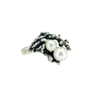Retro Abstract Japanese Saltwater Akoya Cultured Pearl Seaweed Ring- Sterling Silver Sz 6 1/2