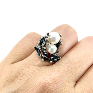 Retro Abstract Japanese Saltwater Akoya Cultured Pearl Seaweed Ring- Sterling Silver Sz 6 1/2