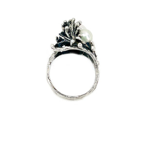 Retro Abstract Japanese Saltwater Akoya Cultured Pearl Seaweed Ring- Sterling Silver Sz 6 1/2