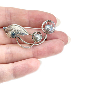 Cadge Leaf Japanese Saltwater Blue Akoya Pearl Brooch- Sterling Silver