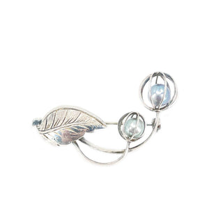 Cadge Leaf Japanese Saltwater Blue Akoya Pearl Brooch- Sterling Silver
