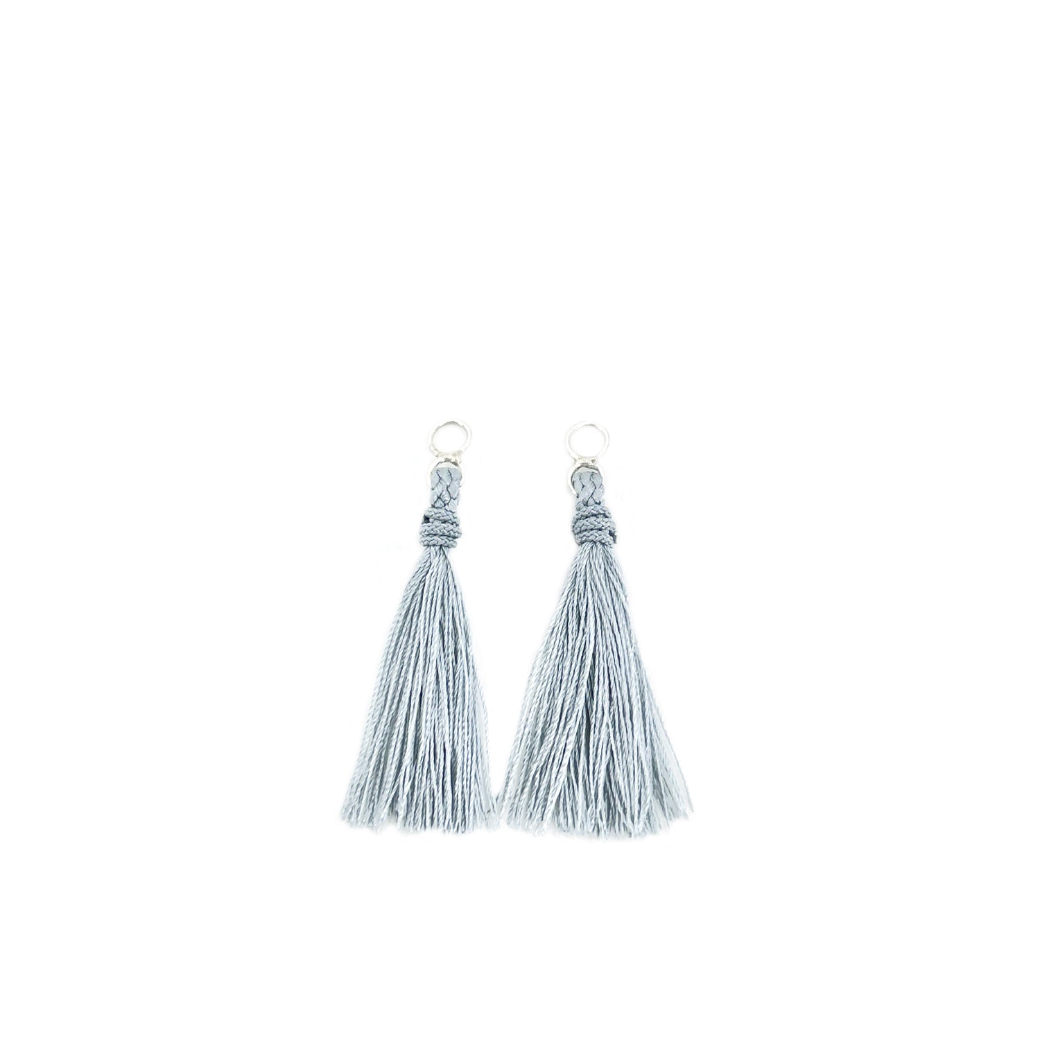 Kumihimo Braided Light Gray Natural Silk Tassel Pierced Earring Enhancer- Sterling Silver 1 3/8 Inch