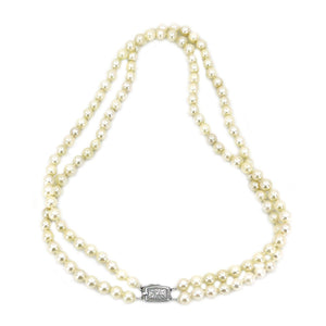 Double Strand Engraved Japanese Cultured Akoya Pearl Choker Necklace -Sterling Silver 15.50 & 16 Inch