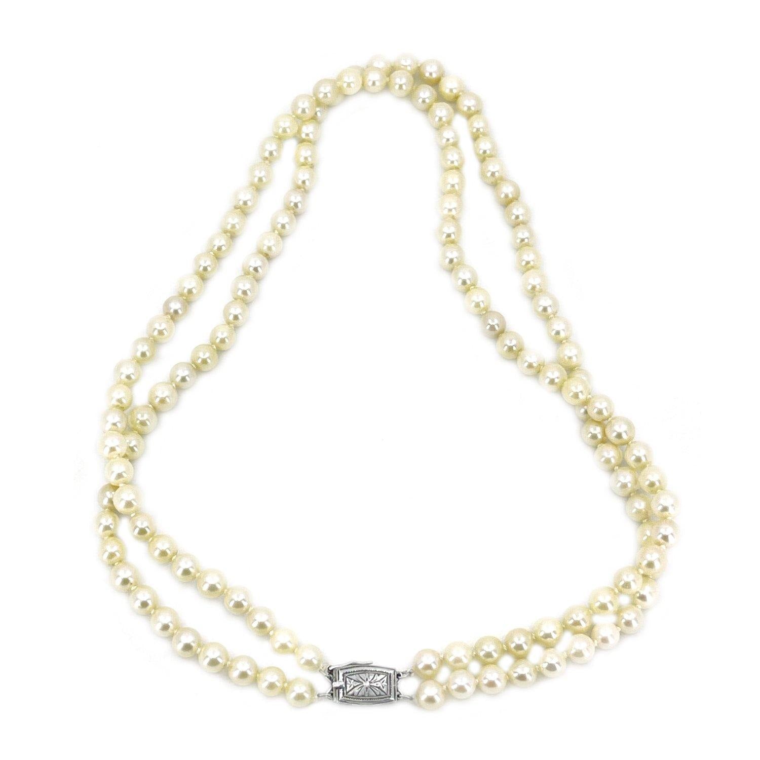 Double Strand Engraved Japanese Cultured Akoya Pearl Choker Necklace -Sterling Silver 15.50 & 16 Inch