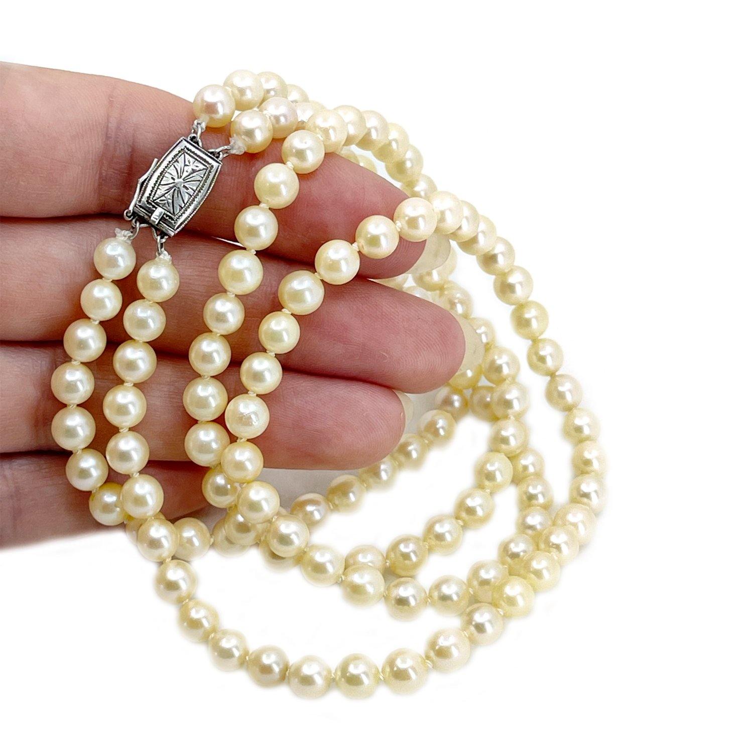 Art Deco Double Strand Pearl Necklace with 14kt Gold, Diamond and Pearl  Clasp — High Style Deco