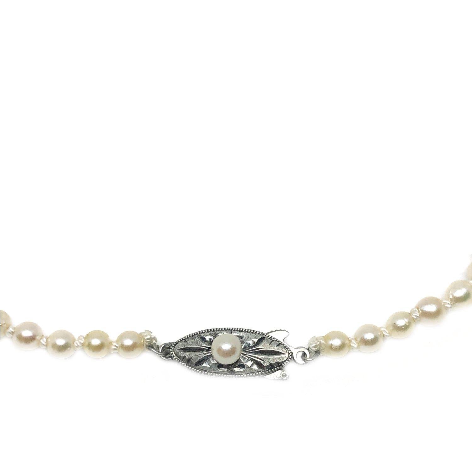 Art Deco Milgrain Japanese Saltwater Cultured Akoya Pearl Graduated Necklace - Sterling Silver 18 Inch