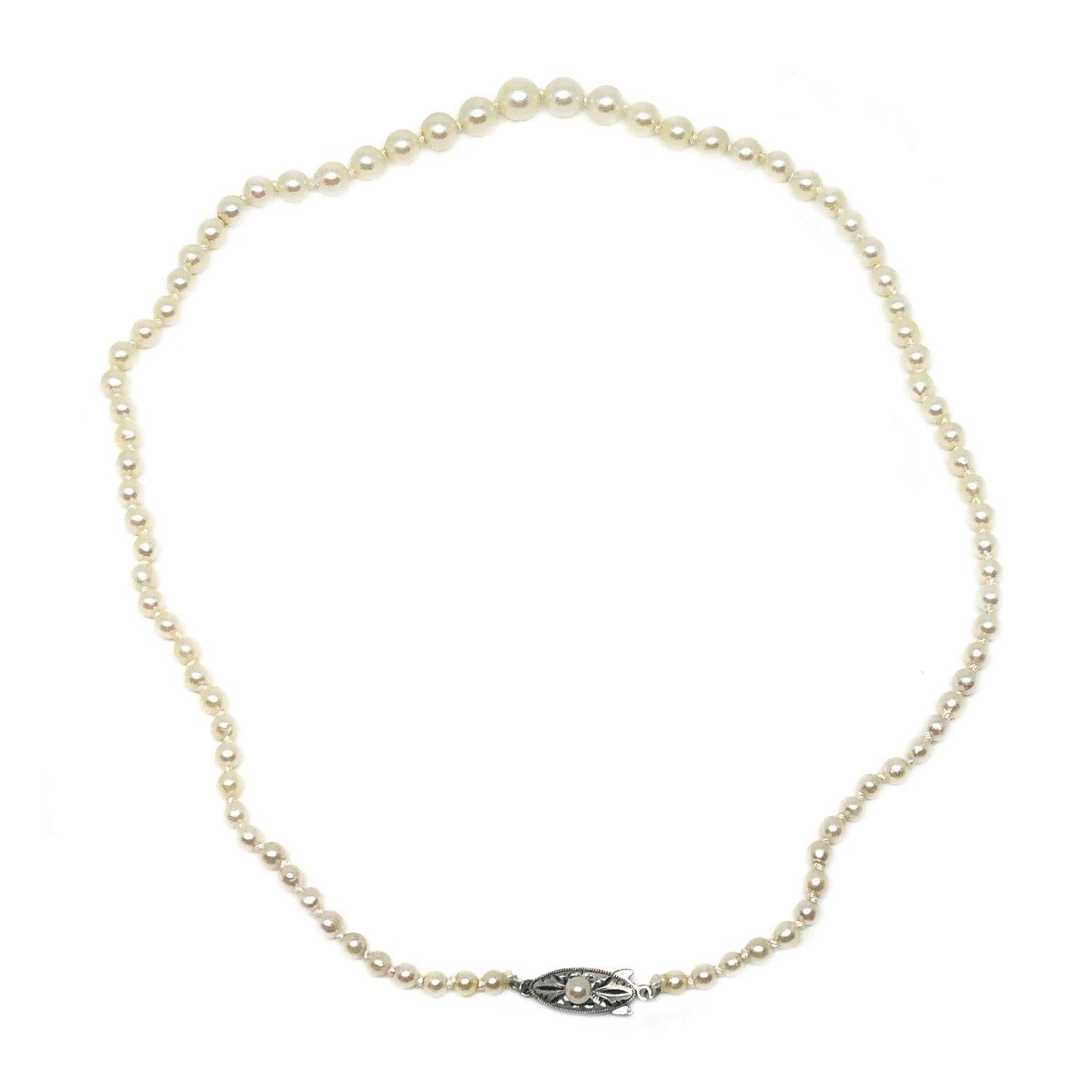 Art Deco Milgrain Japanese Saltwater Cultured Akoya Pearl Graduated Necklace - Sterling Silver 18 Inch