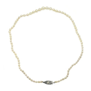 Art Deco Milgrain Japanese Saltwater Cultured Akoya Pearl Graduated Necklace - Sterling Silver 18 Inch