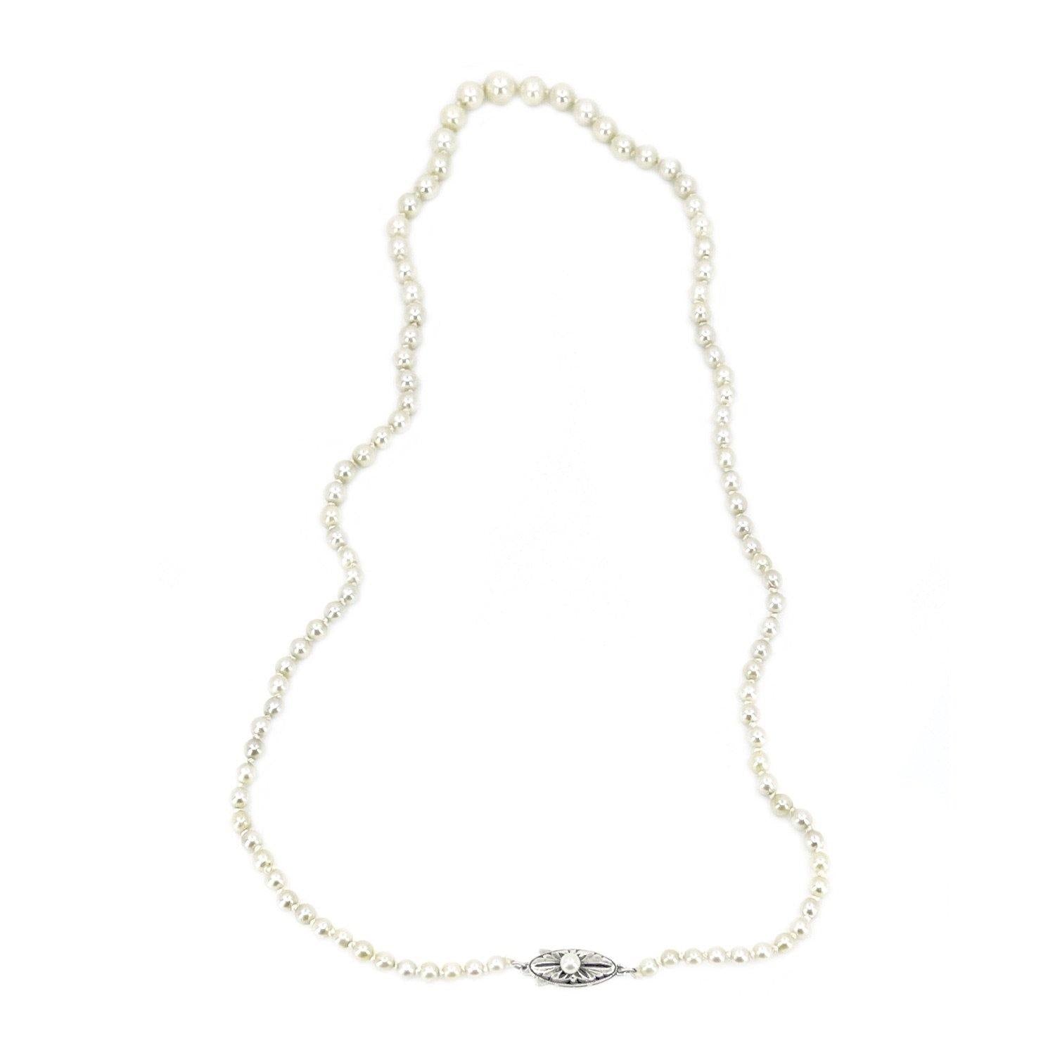 Deco Milgrain Engraved Japanese Saltwater Cultured Akoya Pearl Graduated Necklace - Sterling Silver 20.50 Inch