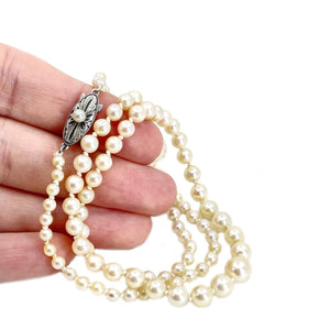 Deco Milgrain Engraved Japanese Saltwater Cultured Akoya Pearl Graduated Necklace - Sterling Silver 20.50 Inch