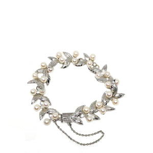 Leafy Floral Japanese Saltwater Akoya Cultured Pearl Bracelet- Sterling Silver - Vintage Valuable Pearls