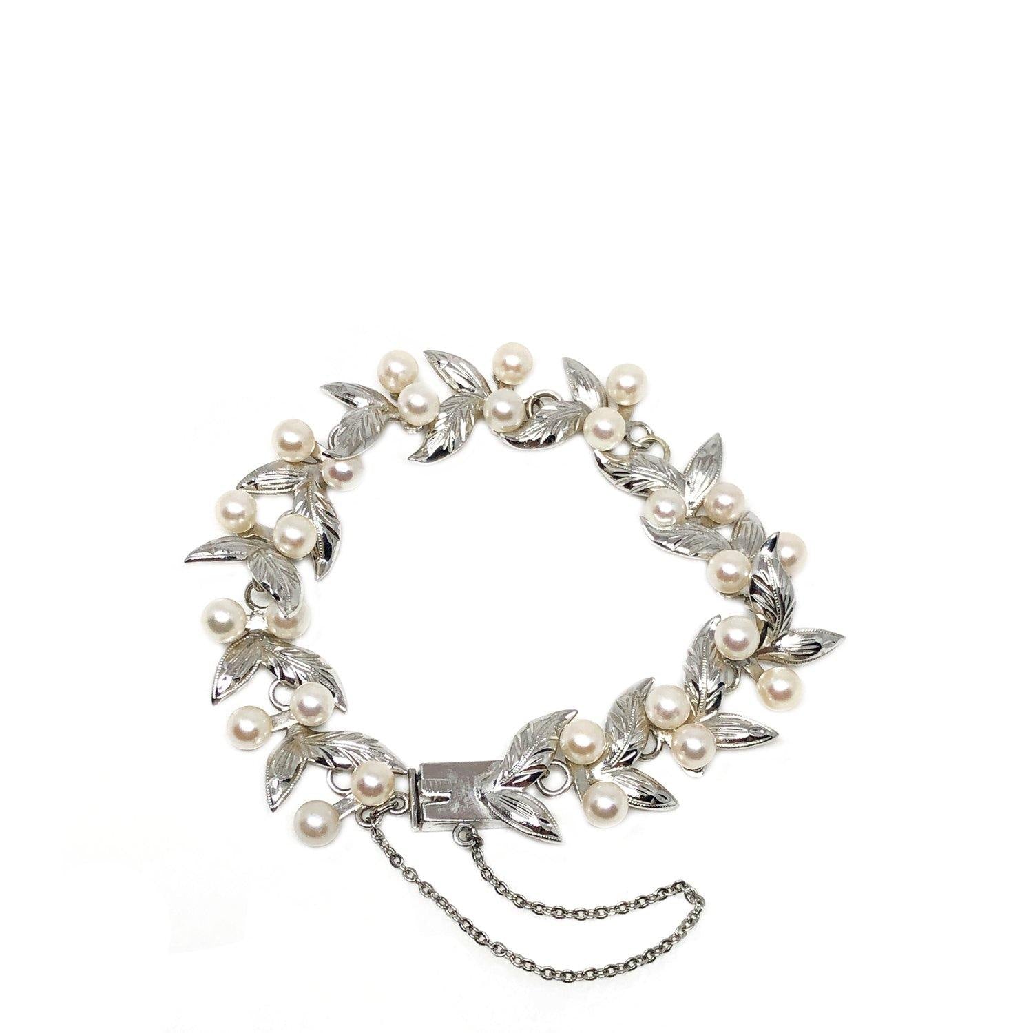 Leafy Floral Japanese Saltwater Akoya Cultured Pearl Bracelet- Sterling Silver - Vintage Valuable Pearls