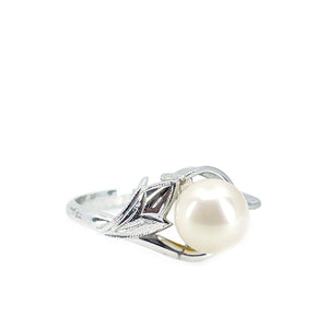 Engraved Leaf Japanese Saltwater Blue Akoya Cultured Pearl Ring- Sterling Silver Sz 7