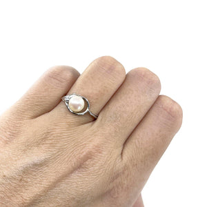 Engraved Leaf Japanese Saltwater Blue Akoya Cultured Pearl Ring- Sterling Silver Sz 7