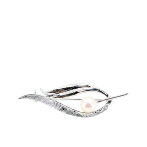 Modern Leaf Japanese Saltwater Akoya Cultured Pearl Brooch Pendant- Sterling Silver
